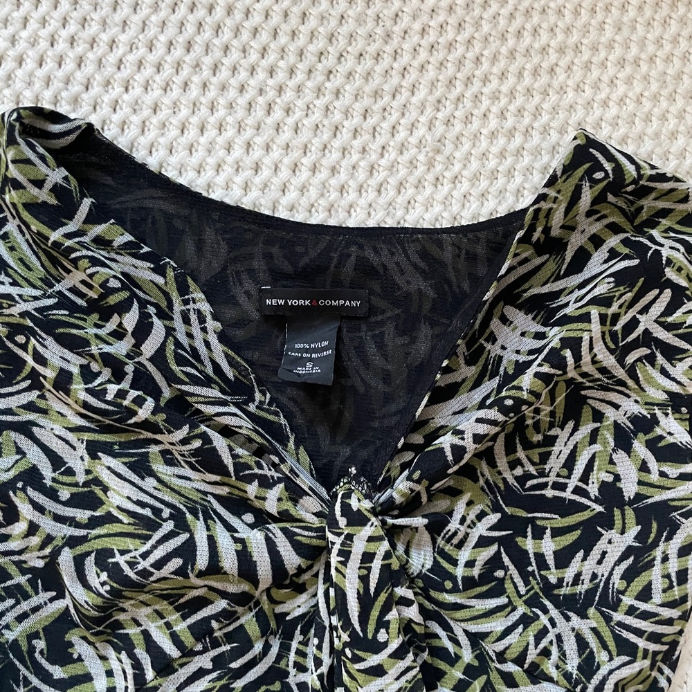 New York & Company Black Top with Green and White Design